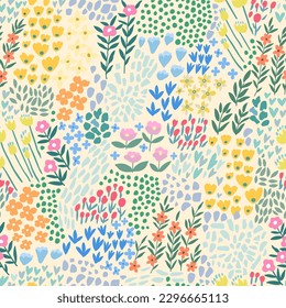 A pattern of abstract bright spring and summer flowers on a light green background.