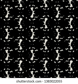 Pattern with abstract broken shapes, scattered fragments, on black background. Textile print. Seamless design. Vector illustration. 