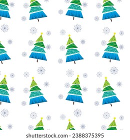 Pattern with abstract Christmas trees and snowflakes. Texture for printing, greetings, wrapping paper, Merry Christmas and New Year greetings