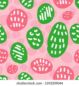 The pattern is abstract with color pink and green spots on a pink background. For textile, background, wrapping paper, Wallpaper, fabric.