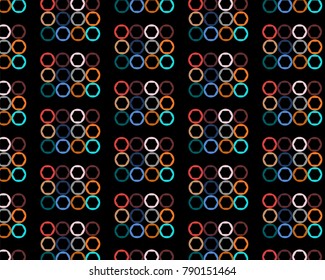 Pattern of abstract, colorful, bright, motley circles with hexahedrons inside painted in the most fashionable colors of 2018 on a black background. Vector illustration.