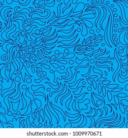 Pattern abstract from the contours of petals, curls, circles in blue tones. For background, fabric, wallpaper, paper.