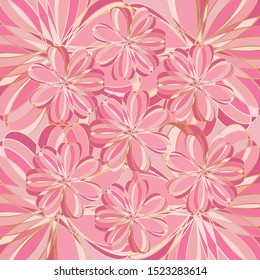 Pattern from a pattern of abstract delicate pink flowers with gold on a pink background 