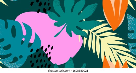 Pattern of abstract elements with tropical leaves