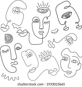 Pattern abstract faces vector illustration. Minimalistic art. Black and white. White background. One line drawing.