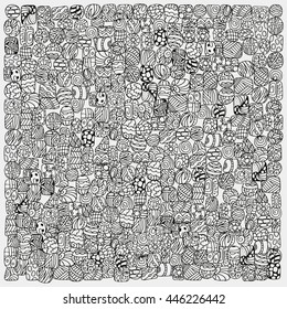 Pattern With Abstract Figures. Circle, Square, Rectangle. Coloring Book Page For Adult And Children. White and Black. Vector Illustration
