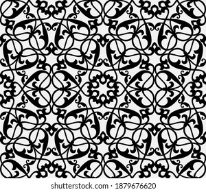 Pattern with abstract floral elements in monochrome color. Intersecting stylized leaves, branches and scrolls forming seamless floral ornament in Arabic style. Design for textile fabric and wrapping.