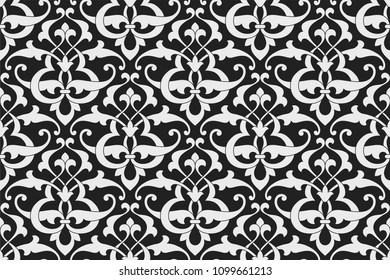 Pattern. Abstract floral seamless background with stylized leaves and scrolls forming ornament in Arabesque style. 