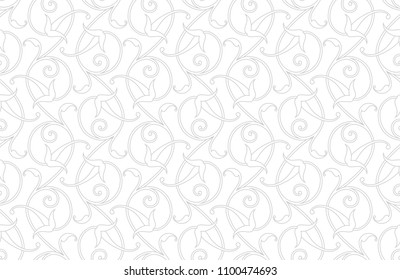 Pattern. Abstract floral seamless background with stylized leaves and scrolls forming ornament in Arabesque style.   White texture