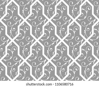 Pattern. Abstract floral seamless background with stylized leaves and scrolls forming ornament in Arabesque style. 