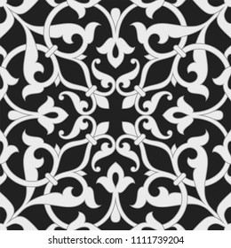 Pattern. Abstract floral seamless background with stylized leaves and scrolls forming ornament in Arabesque style. 