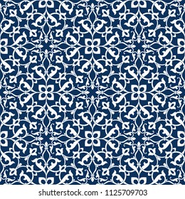  Patrón. Fondo floral abstracto sin fisuras con hojas estilizadas y rollos formando ornamento al estilo árabe. 