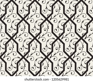 Pattern. Abstract floral seamless background with stylized leaves and scrolls forming ornament in Arabesque style. 
