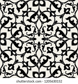 Pattern. Abstract floral seamless background with stylized leaves and scrolls forming ornament in Arabesque style. 