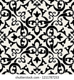 Pattern. Abstract floral seamless background with stylized leaves and scrolls forming ornament in Arabesque style. 