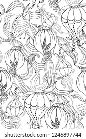 Pattern abstract flowers and birds. Hand drawn line art. White and black illustration