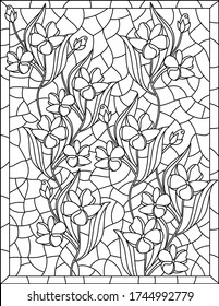 Pattern with abstract flowers. Coloring book page for adult with stained glass effect