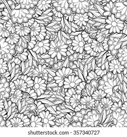 Pattern with abstract flowers. Coloring book page for adult