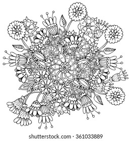 Pattern with abstract flowers. Coloring book page for adult