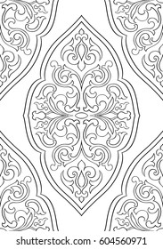 Pattern with abstract flowers. Seamless filigree ornament. Black and white template for wallpaper, textile, shawl, carpet and any surface. 