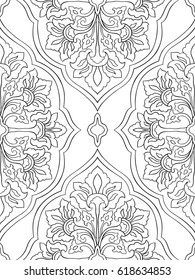 Pattern with abstract flowers. Seamless filigree ornament. Black and white template for wallpaper, textile, shawl, carpet and any surface. 