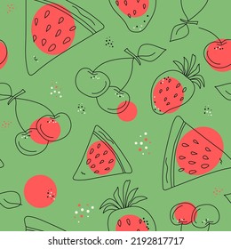 Pattern abstract fruits. Berries drawing. Strawberries, watermelon and cherries. Doodle style. Vector illustration