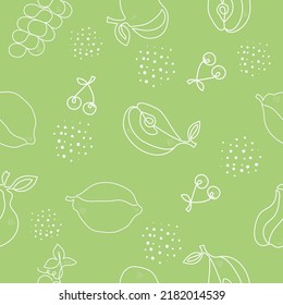 Pattern Abstract fruits. One line drawings. Food. Seamless vector background with fruits. Lemon, apple, grapes, pear and cherry.	