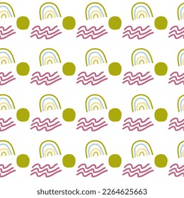 Pattern of abstract geometric shapes spring colors. Vector flat illustration. Seamless pattern. Packaging design. Rainbow, waves, circles.