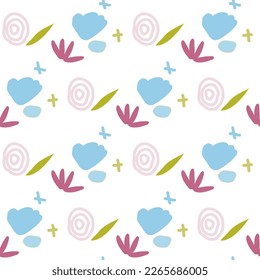 Pattern of abstract geometric shapes spring colors. Vector flat illustration. Seamless pattern. Packaging design. Flowers, spirals, leaves.