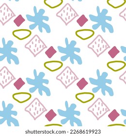 Pattern of abstract geometric shapes spring colors. Vector flat illustration. Seamless pattern. Packaging design. Squares, blots.