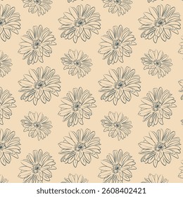 Pattern of abstract gerbera daisy flowers and dots in vintage tones. Floral print. Hand draw flowers with petals. Vector background for covers, fabric, textile, wallpaper and bed linen.