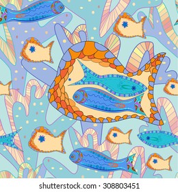 Pattern of abstract graphic fishes, algae, blue and beige. Vector Illustrator