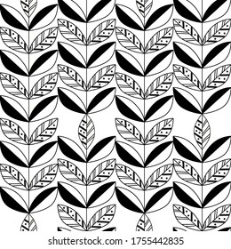 Patrón con hojas gráficas abstractas sobre fondo blanco. Patrón sin costuras monocromo vectorial interminable. Papel de escritorio, impresión textil, papel de embalaje, relleno de página, cubierta, web, embalaje.