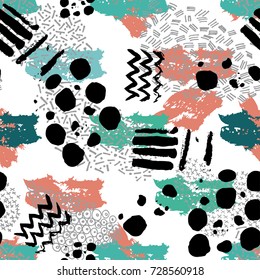 Pattern with abstract hand drawn elements. Memphis style.