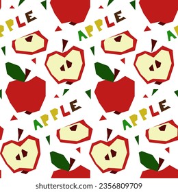 A pattern with an abstract image of an apple and a name in the form of geometric shapes. Colorful textile print in tropical style. Packaging for products with a certain taste. Stylized flat vector