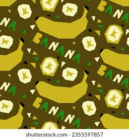 A pattern with an abstract image of a banana and a name in the form of geometric shapes. Colorful textile print in tropical style. Packaging for products with a certain taste. Stylized flat vector