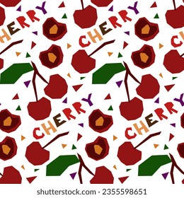 A pattern with an abstract image of a cherry and a name in the form of geometric shapes. Colorful textile print in tropical style. Packaging for products with a certain taste. Stylized flat vector