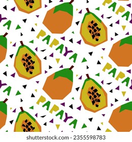 A pattern with an abstract image of papaya and a name in the form of geometric shapes. Colorful textile print in tropical style. Packaging for products with a certain taste. Stylized flat vector