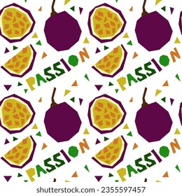 A pattern with an abstract image of a passion and a name in the form of geometric shapes. Colorful textile print in tropical style. Packaging for products with a certain taste. Stylized flat vector