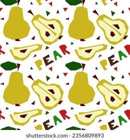 A pattern with an abstract image of a pear and a name in the form of geometric shapes. Colorful textile print in tropical style. Packaging for products with a certain taste. Stylized flat vector