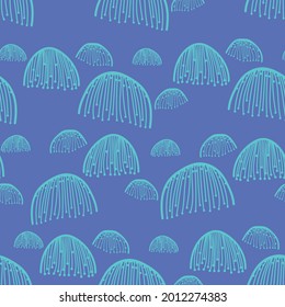 pattern of abstract jellyfish on a blue background. Summer outline illustration on a marine theme, summer underwater pastel abstraction