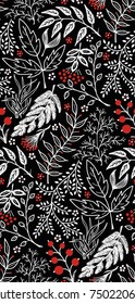 Pattern abstract leaves of a branch black whit red doodles