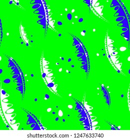 Pattern of abstract leaves and petals of garden plants in blue and white on a green background. For paper, cloth or organic products.