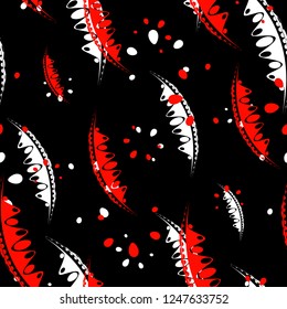 Pattern of abstract leaves and petals of garden plants in bloody and white colors on a black background. For paper, cloth or organic products.