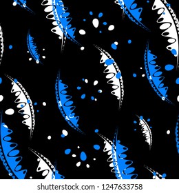 Pattern of abstract leaves and petals of garden plants in blue and white colors on a black background. For paper, cloth or organic products.