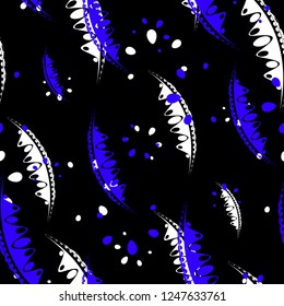 Pattern of abstract leaves and petals of garden plants in purple and white colors on a black background. For paper, cloth or organic products.
