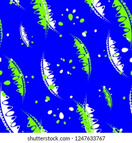 Pattern of abstract leaves and petals of garden plants in green and white colors on a blue background. For paper, cloth or organic products.
