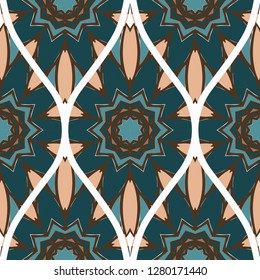 Pattern Of Abstract Mandala Flowers. Seamless Vector Illustration. For Design Greeting Cards, Backgrounds, Wallpaper, Interior Design. Tribal Ethnic Arabic, Fashion Decorative Ornament
