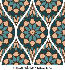 Pattern Of Abstract Mandala Flowers. Seamless Vector Illustration. For Design Greeting Cards, Backgrounds, Wallpaper, Interior Design. Tribal Ethnic Arabic, Fashion Decorative Ornament