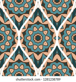 Pattern Of Abstract Mandala Flowers. Seamless Vector Illustration. For Design Greeting Cards, Backgrounds, Wallpaper, Interior Design. Tribal Ethnic Arabic, Fashion Decorative Ornament